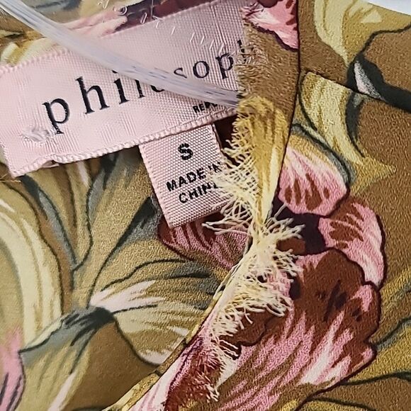 Philosophy Blouse Gold Floral Fringe Crewneck Long Sleeve Side Slit Boho Top - Picture 3 of 13